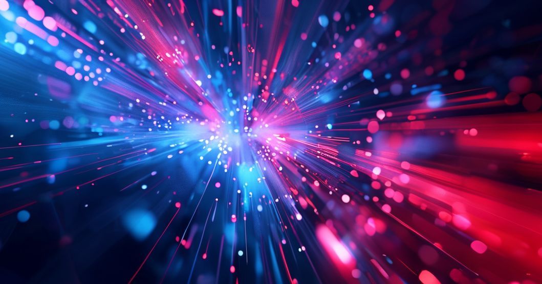 AI-generierte Illustration: Abstrakte Datenströme in Blau und Rot verschmelzen