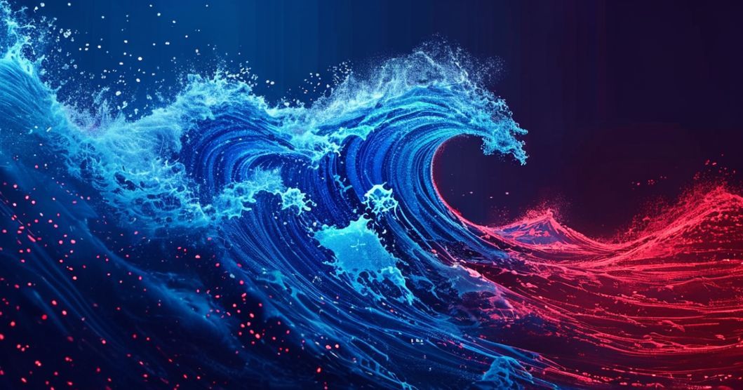 AI-generierte Illustration: Abstrakte Darstellung einer digitalen Tsunami-Welle