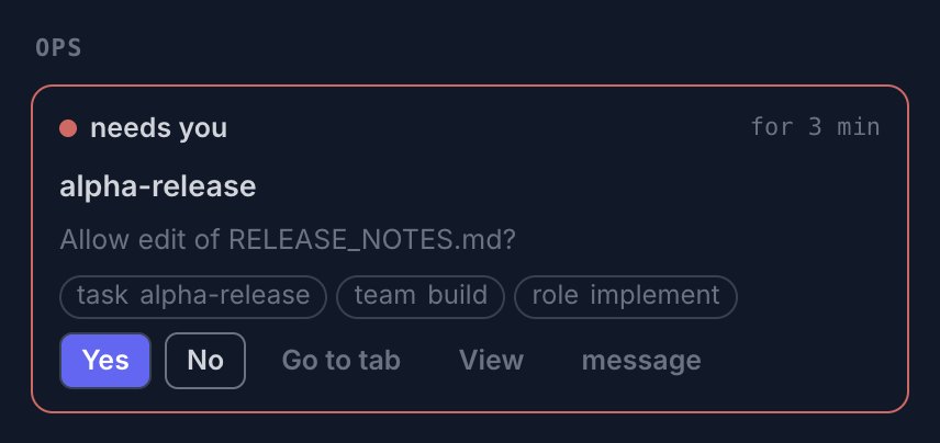 Close-up of the Today page: an agent tab in the group Ops that needs you. It asks to allow an edit of RELEASE_NOTES.md and offers Yes and No right on the card, next to Go to tab, View and message.