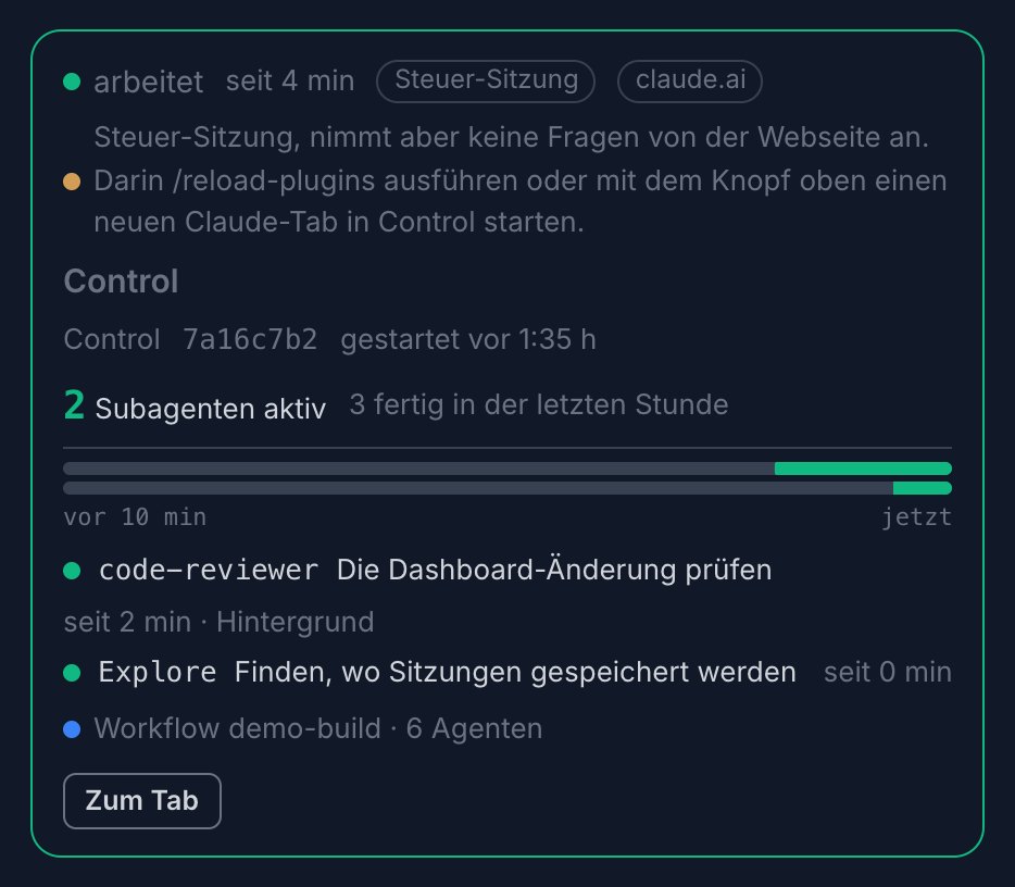 Ausschnitt der Seite Sitzungen: die Karte einer Claude-Code-Sitzung, arbeitet seit 4 Minuten, 2 Subagenten aktiv und 3 in der letzten Stunde fertig, eine Zeitleiste der letzten 10 Minuten, jeder Subagent mit seiner Aufgabe, und ein Knopf Zum Tab.