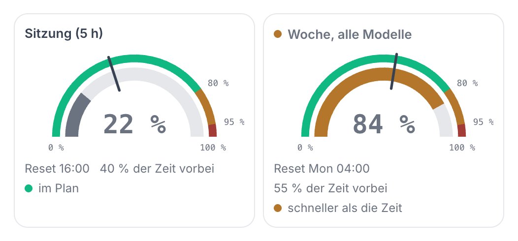 Ausschnitt einer Verbrauchsseite: zwei Anzeigen. Das Kontingent der Sitzung steht bei 22 %, 40 % ihres Zeitfensters sind vorbei, im Plan. Das Wochenkontingent steht bei 84 %, 55 % der Woche sind vorbei, schneller als die Zeit.
