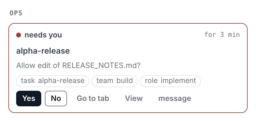 Close-up of the Today page: an agent tab in the group Ops that needs you. It asks to allow an edit of RELEASE_NOTES.md and offers Yes and No right on the card, next to Go to tab, View and message.